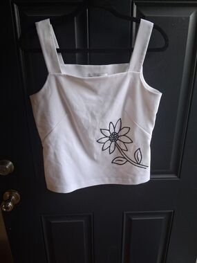 Sheri Martin White Square-Neck Camisole with Black Floral Outline
